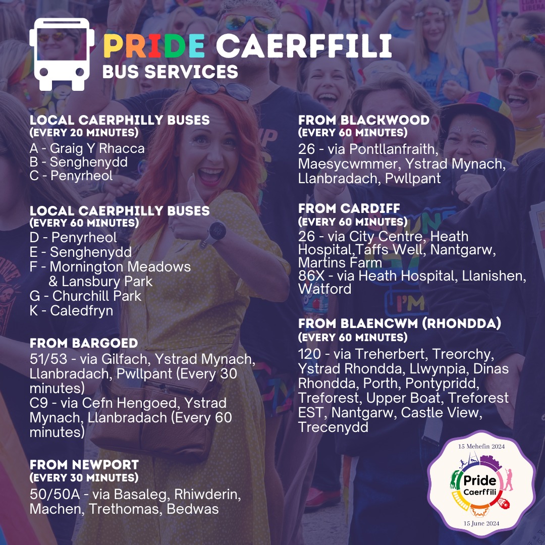 Pride Caerffili Bus Services Local Caerphilly buses (every 20 minutes): A - Graig y Rhacca, B - Senghenydd, C - Penyrheol. Local Caerphilly buses (every 60 minutes): D - Penyrheol, E - Senghenydd, F - Mornington Meadows & Lansbury Park, G - Churchill Park, K - Caledfryn. From Bargoed: 51/53 - via Gilfach, Ystrad Mynach, Llanbradach, Pwllpant (every 30 minutes), C9 - via Cefn Hengoed, Ystrad Mynach Llanbradach (every 60 minutes). From Newport (every 30 minutes): 50/50A - via Basaleg, Rhiwderin, Machen, Trethomas, Bedwas. From Blackwood (every 60 minutes): 26 - via Pontllanfraith, Maesycwmmer, Ystrad Mynach Llanbradach, Pwllpant. From Cardiff (every 60 minutes): 26 - via city centre, Heath Hospital, Taffs Well, Nantgarw, Martins Farm; 86X - via Heath Hospital, Llanishen, Watford. From Blaencwm (Rhondda) (every 60 minutes): 120 - via Treherbert, Treorchy, Ystrad Rhondda, Llwynypia, Dinas Rhondda, Porth, Pontypridd, Treforest, Upper Boat, Treforest EST, Nantgarw, Castle View, Trecenydd.